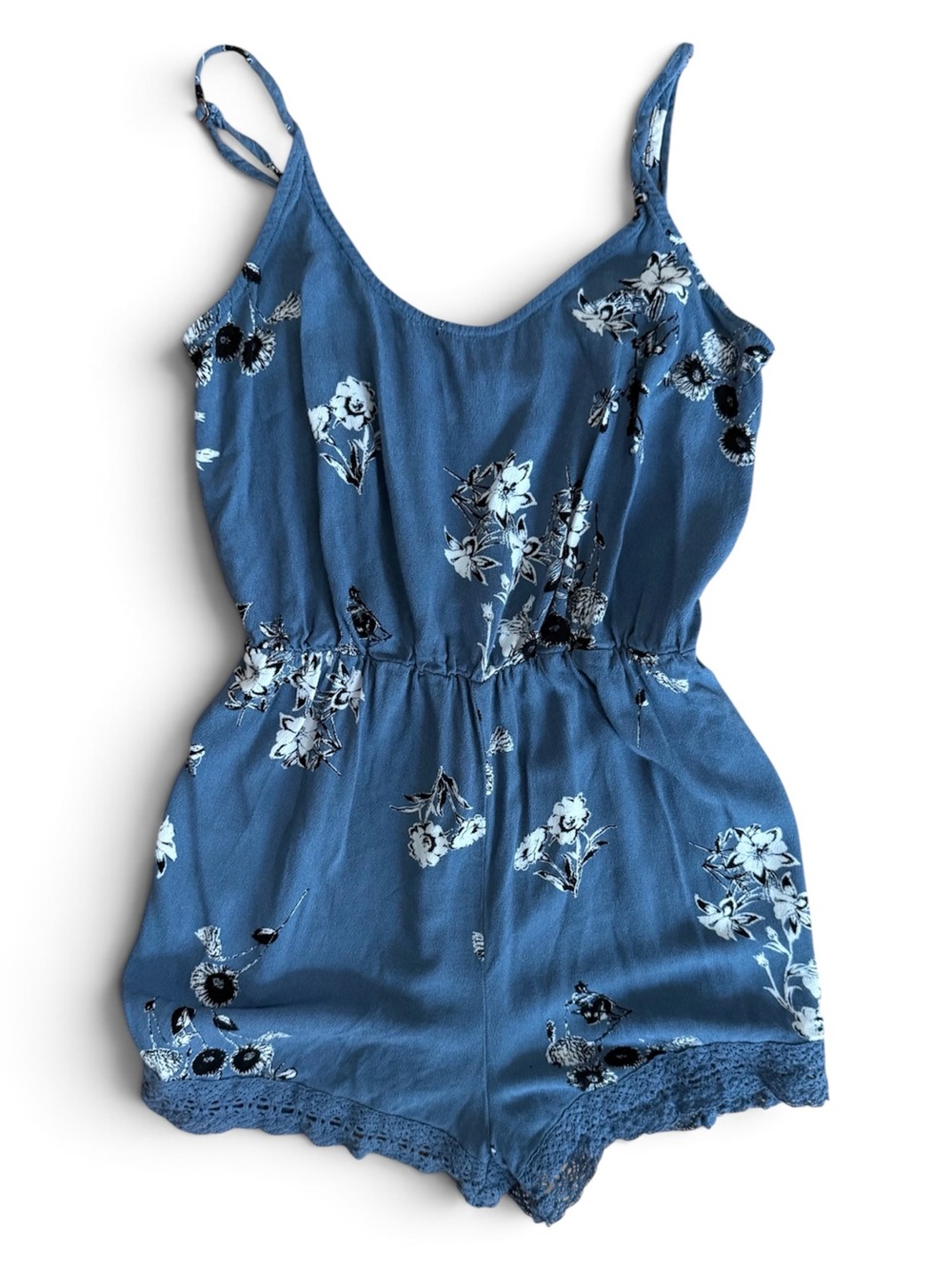 Blue Floral Lace-Trim Romper